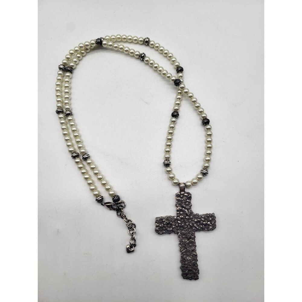 Brighton Lola Floral Cross Necklace Faux Pearl Beaded Long Statement Pendant - Picture 1 of 10